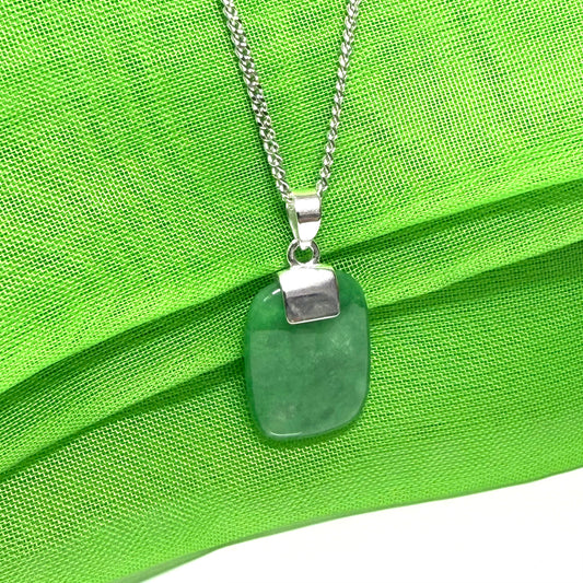 Stunning cushion shaped real green jade necklace cushion shaped pendant, solid silver curb chain included