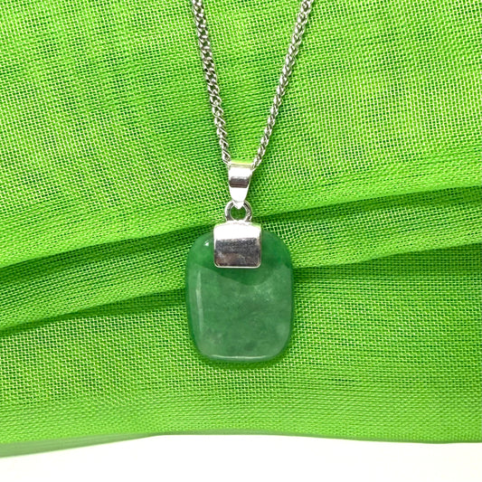 Stunning cushion shaped real green jade necklace cushion shaped pendant, solid silver curb chain included