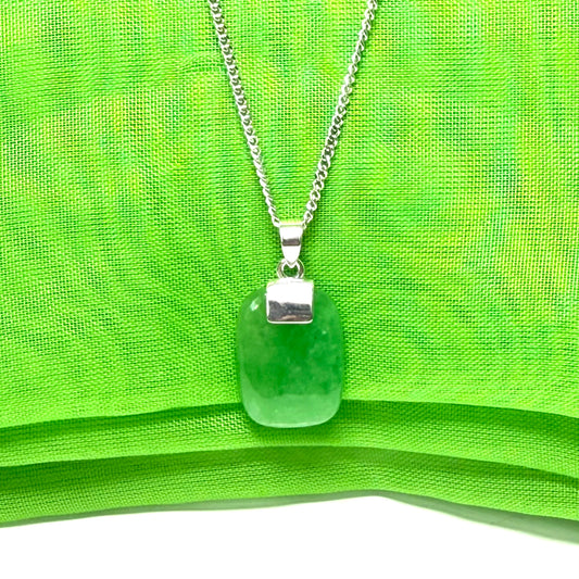 Stunning cushion shaped real green jade necklace pendant with a solid silver curb chain included