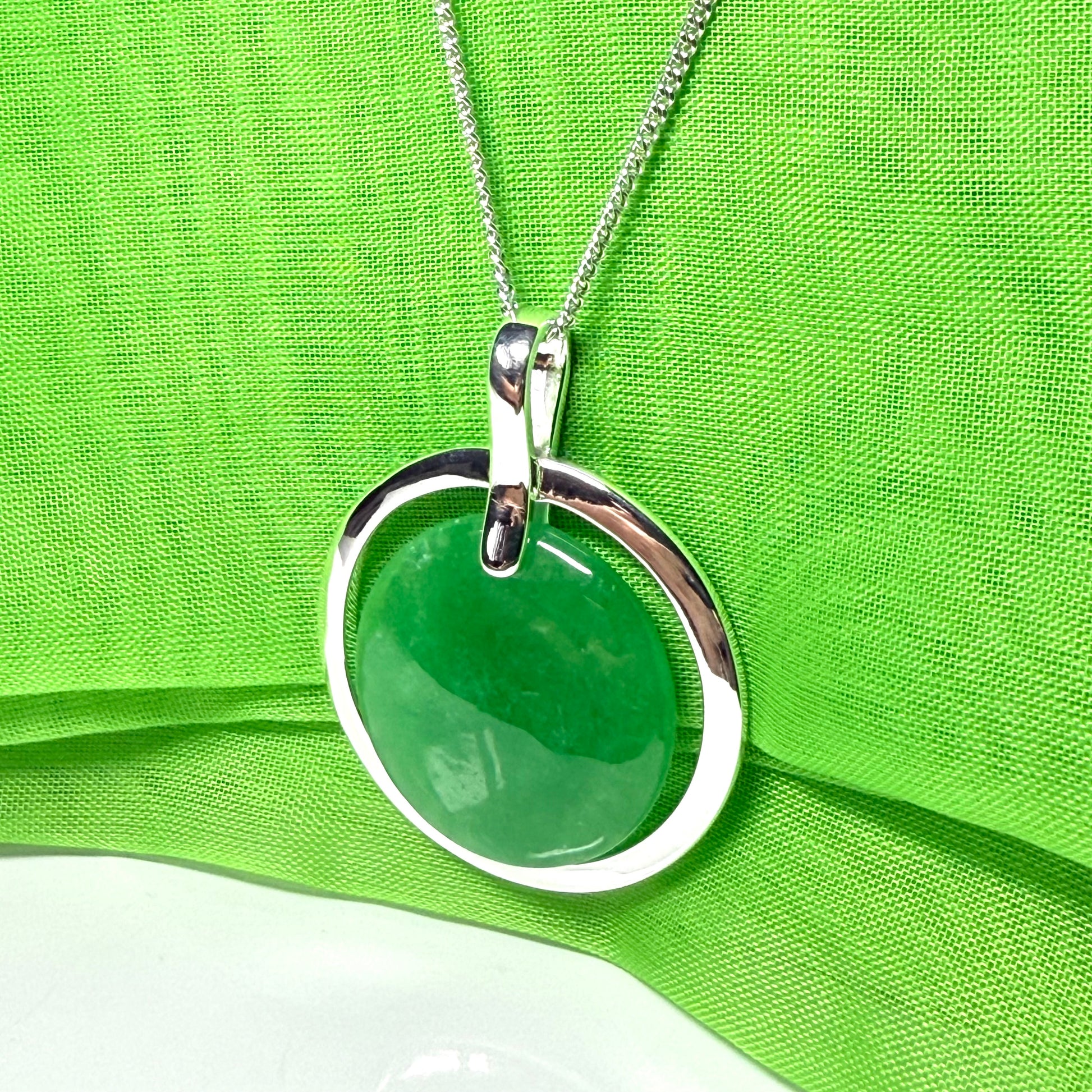 Stunning large green necklace sterling silver round shaped real jade halo styled pendant with a solid curb chain included