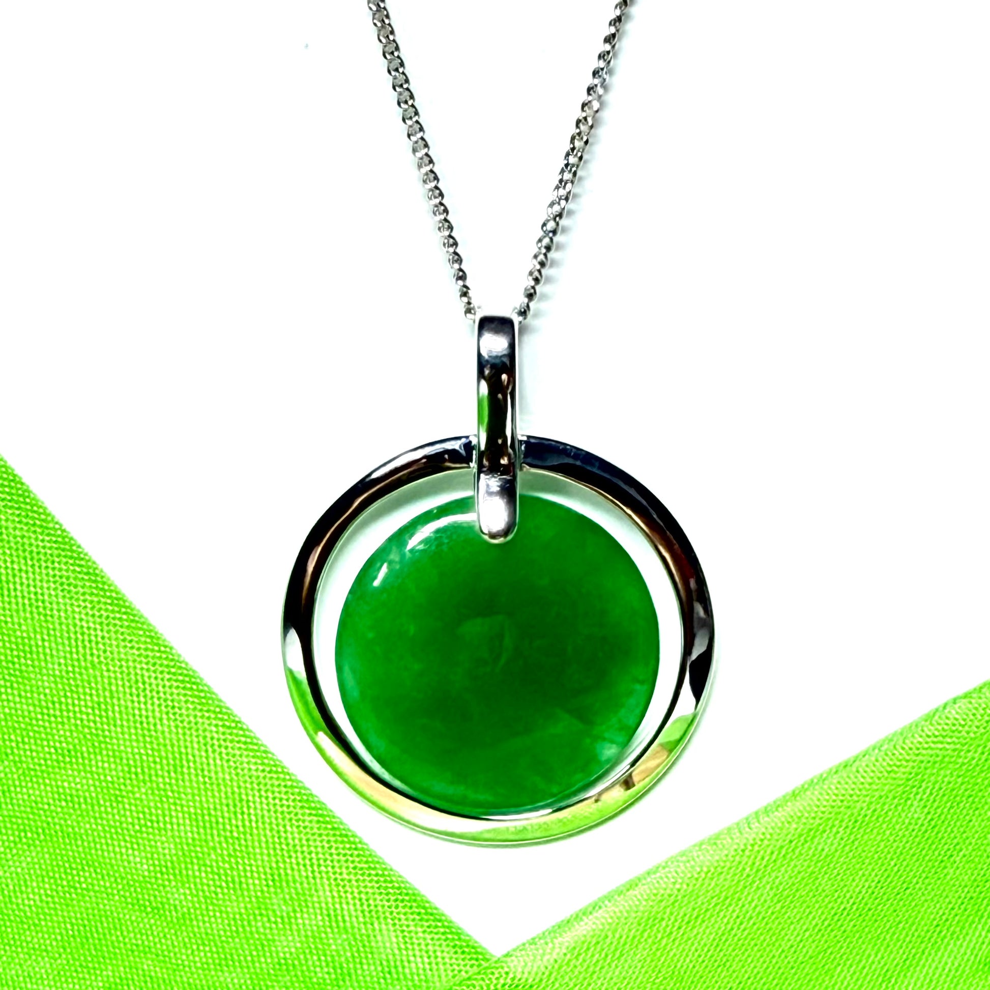 Stunning large green necklace sterling silver round shaped real jade halo styled pendant with a solid curb chain included