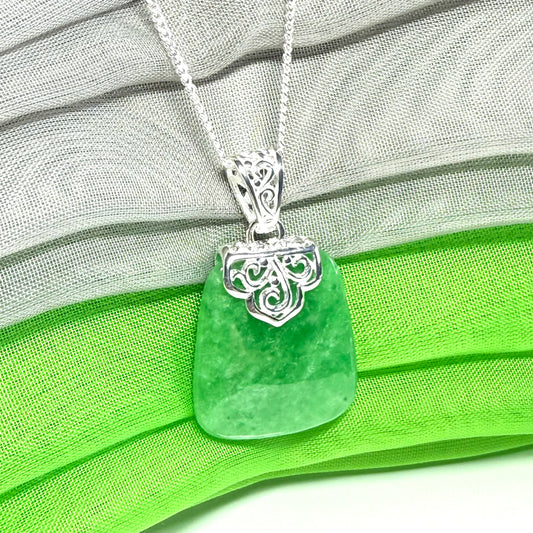 Stunning real jade necklace green sterling silver large cushion shaped, a gorgeous designed pendant