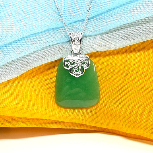 Stunning real jade necklace green sterling silver large cushion shaped, a really gorgeous designed pendant