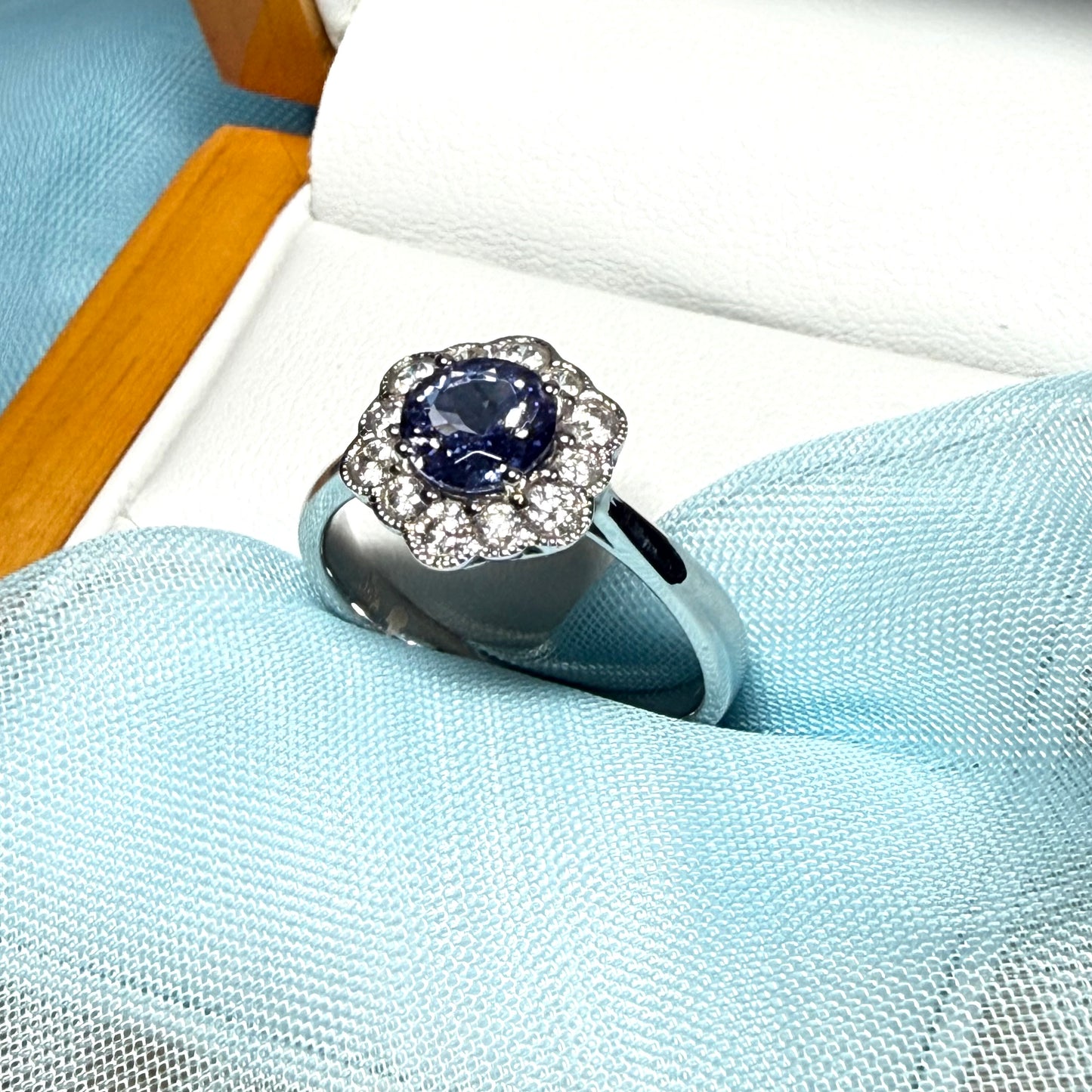 Stunning real tanzanite ring and diamond white gold cluster hexagonal shape