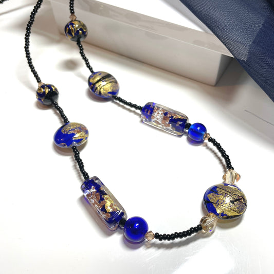Colbalt blue and black Murano glass beaded necklace 