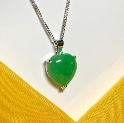 Stunning real green jade necklace heart shaped sterling silver pendant