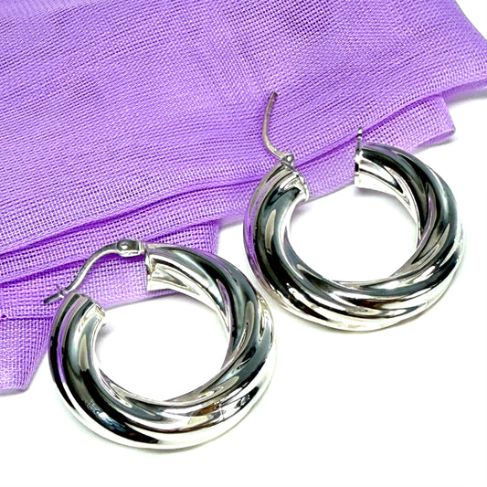 Swirl Patterned Sterling Silver Round Hoop Earrings 28 mm