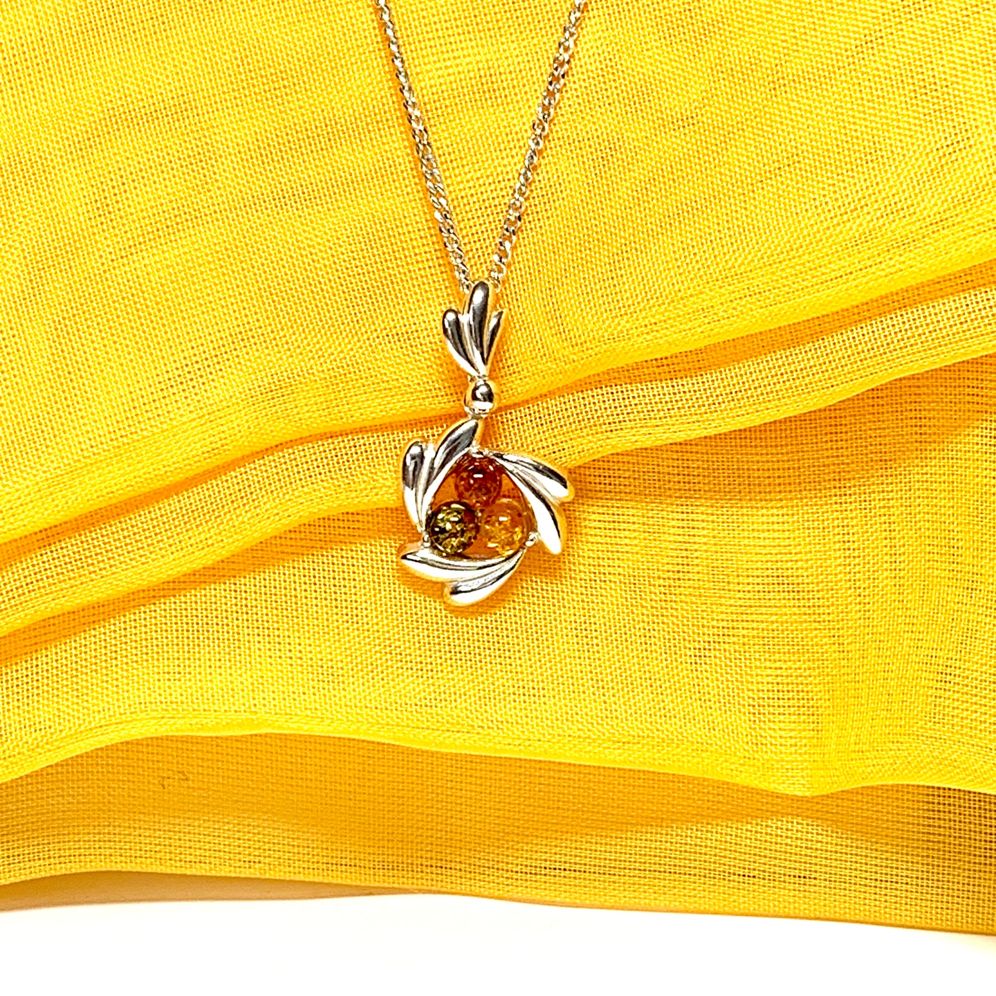 Swirl sterling silver multi coloured real amber necklace pendant