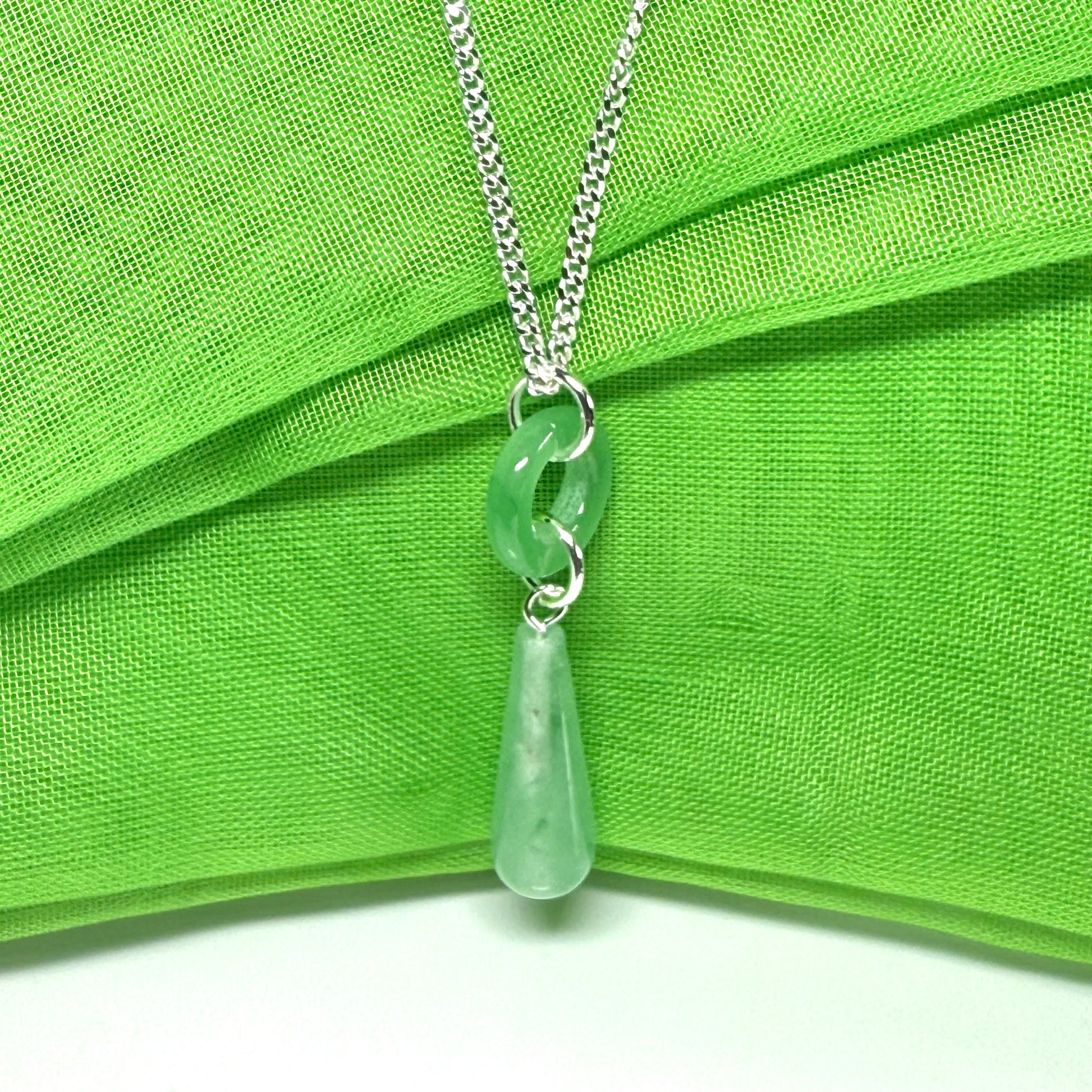 Tear Drop And Circle Silver Pear Shaped Green Jade Necklace Pendant