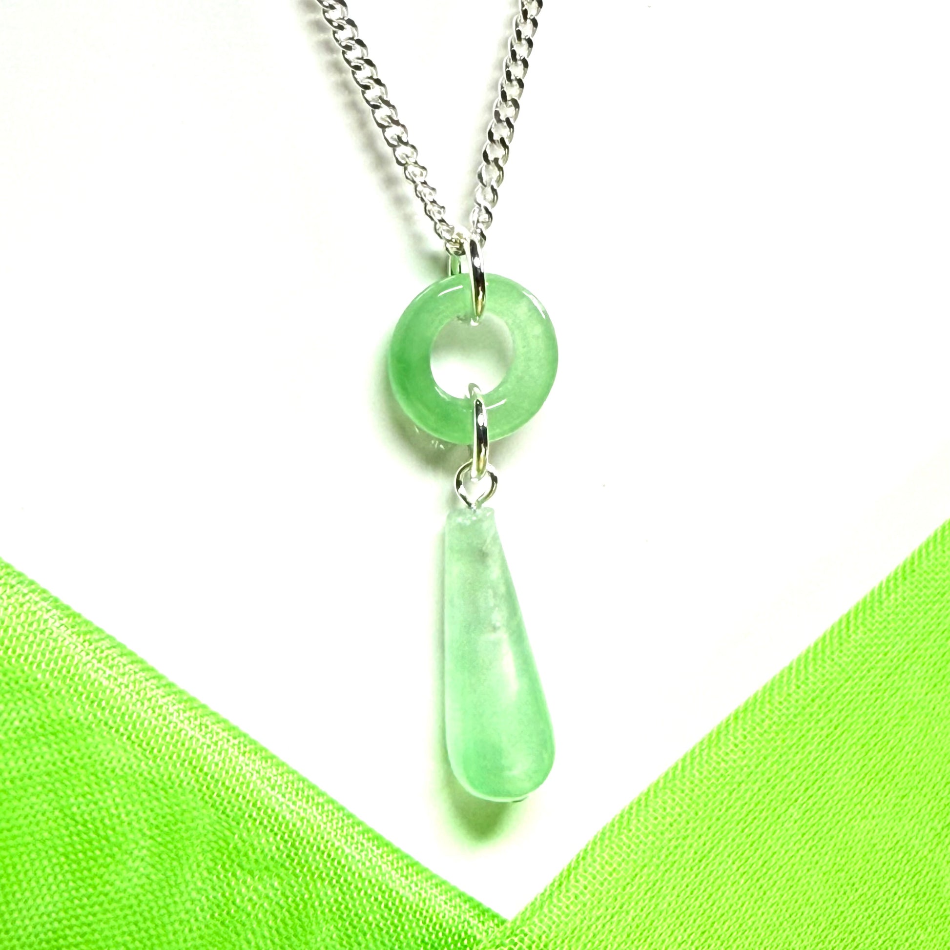 Tear Drop And Circle Silver Pear Shaped Green Jade Necklace Pendant