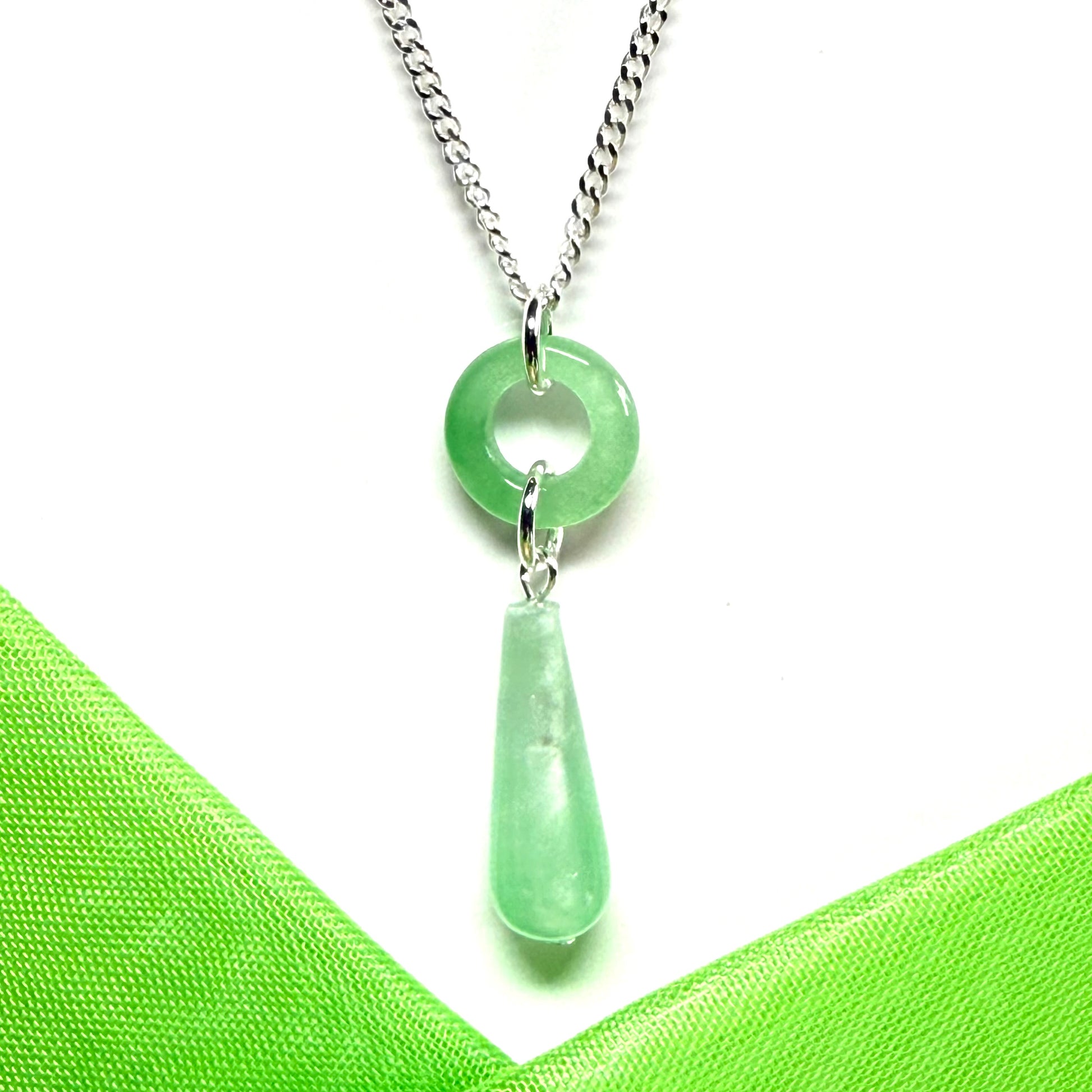 Tear Drop And Circle Silver Pear Shaped Green Jade Necklace Pendant