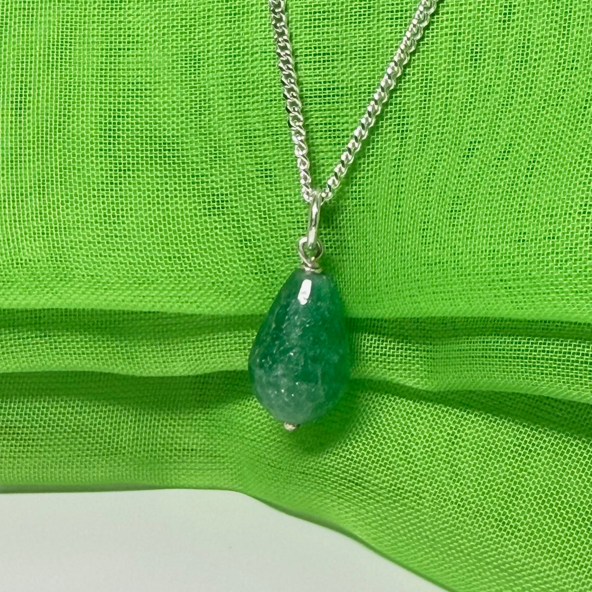 Tear Drop Silver Pear Shaped Green Jade Necklace