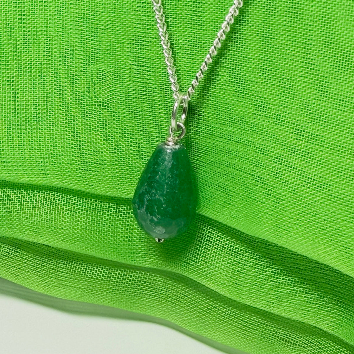 Tear Drop Silver Pear Shaped Green Jade Necklace With Chain