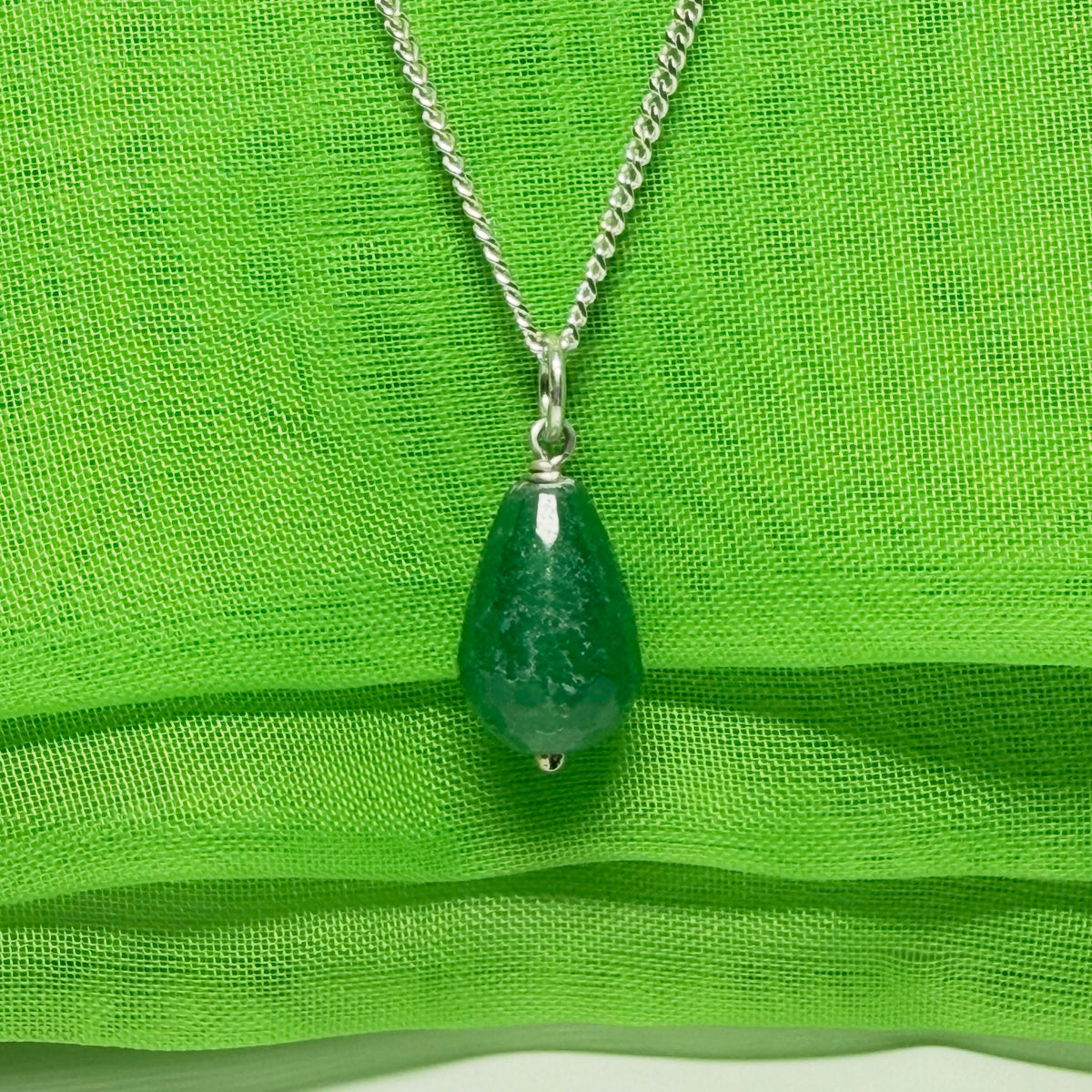 Tear Drop Silver Pear Shaped Green Jade Necklace With Chain