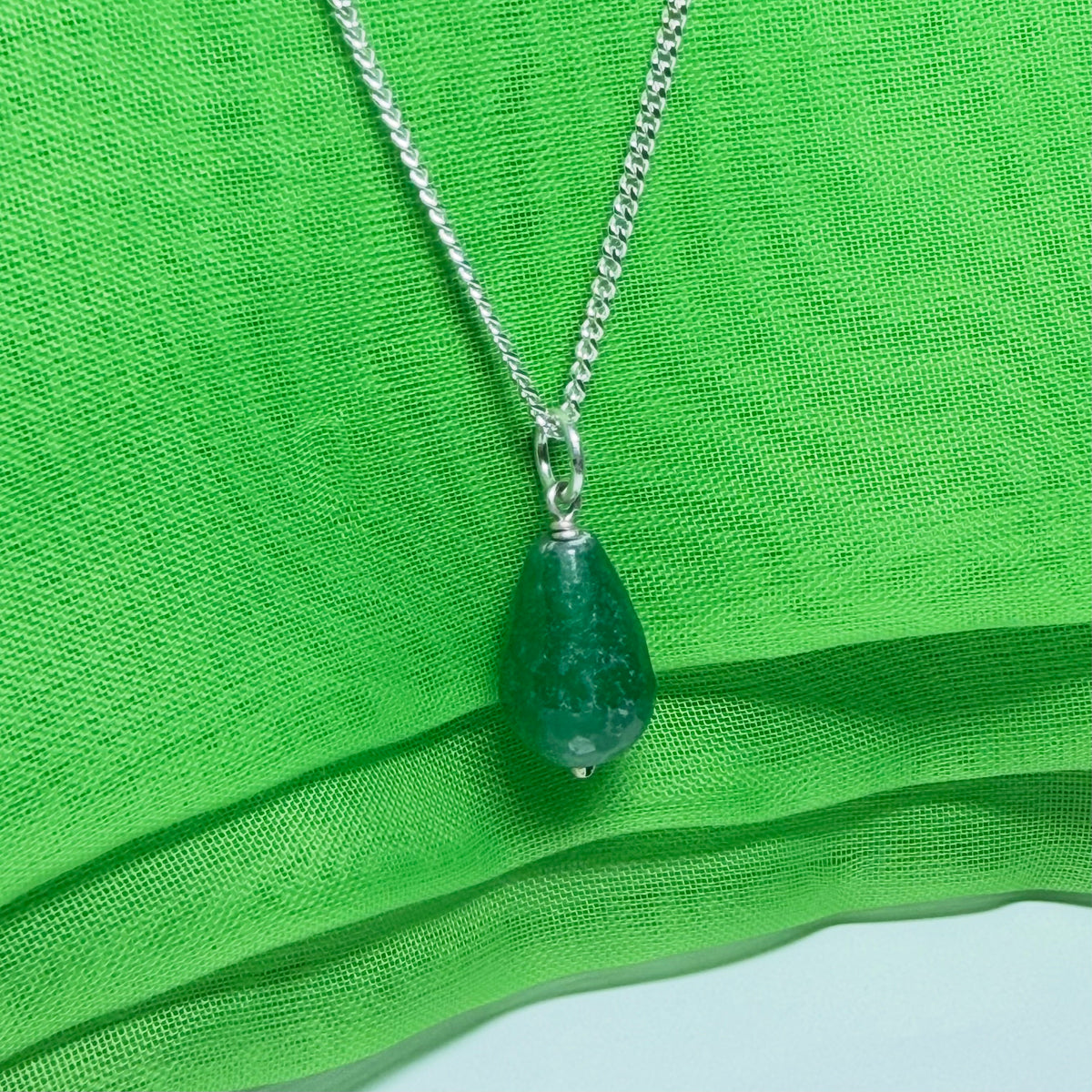 Tear Drop Silver Pear Shaped Green Jade Necklace With Chain