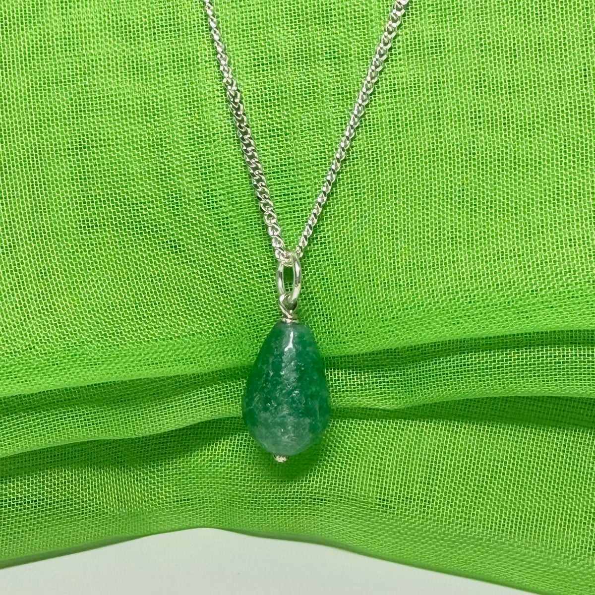 Tear Drop Silver Pear Shaped Green Jade Necklace with chain
