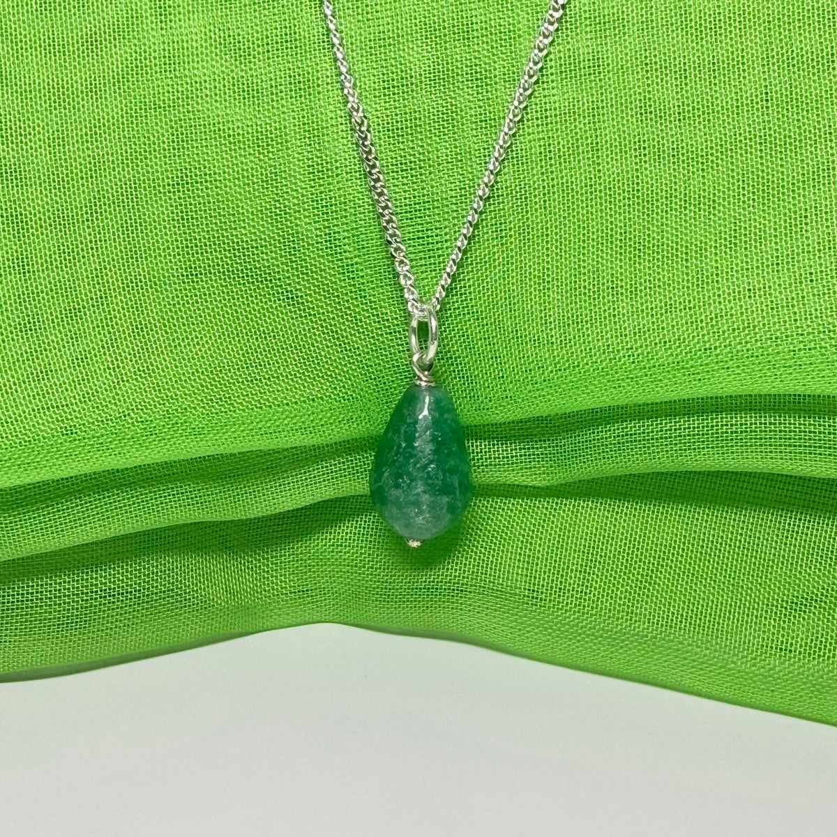 Tear Drop Silver Pear Shaped Green Jade Necklace with chain