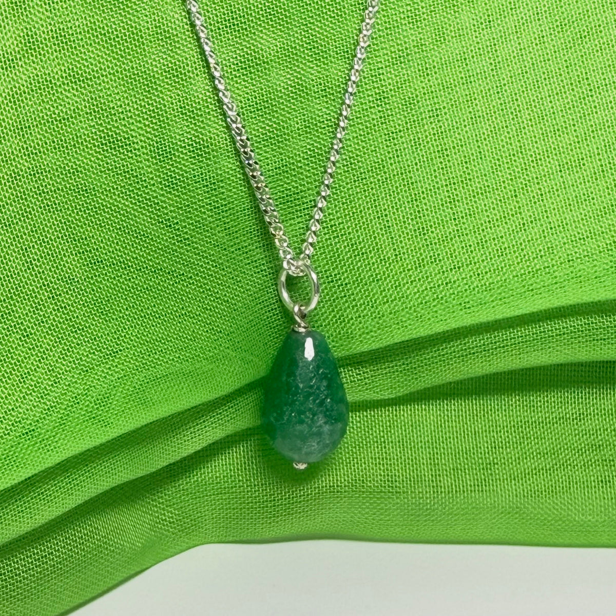 Tear Drop Silver Pear Shaped Green Jade Necklace with chain