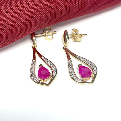 Teardrop Red Ruby And Diamond Earrings Yellow Gold