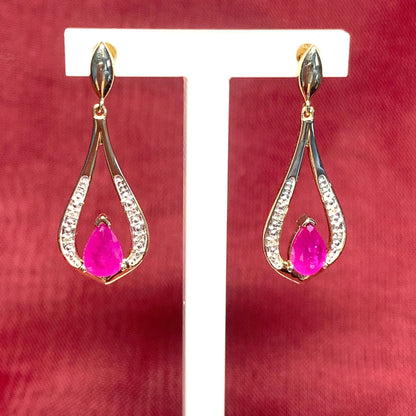 Teardrop Red Ruby And Diamond Earrings Yellow Gold