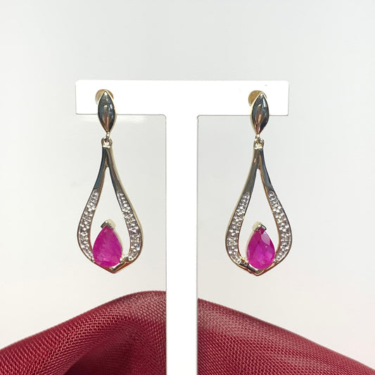 Teardrop Red Ruby And Diamond Earrings Yellow Gold