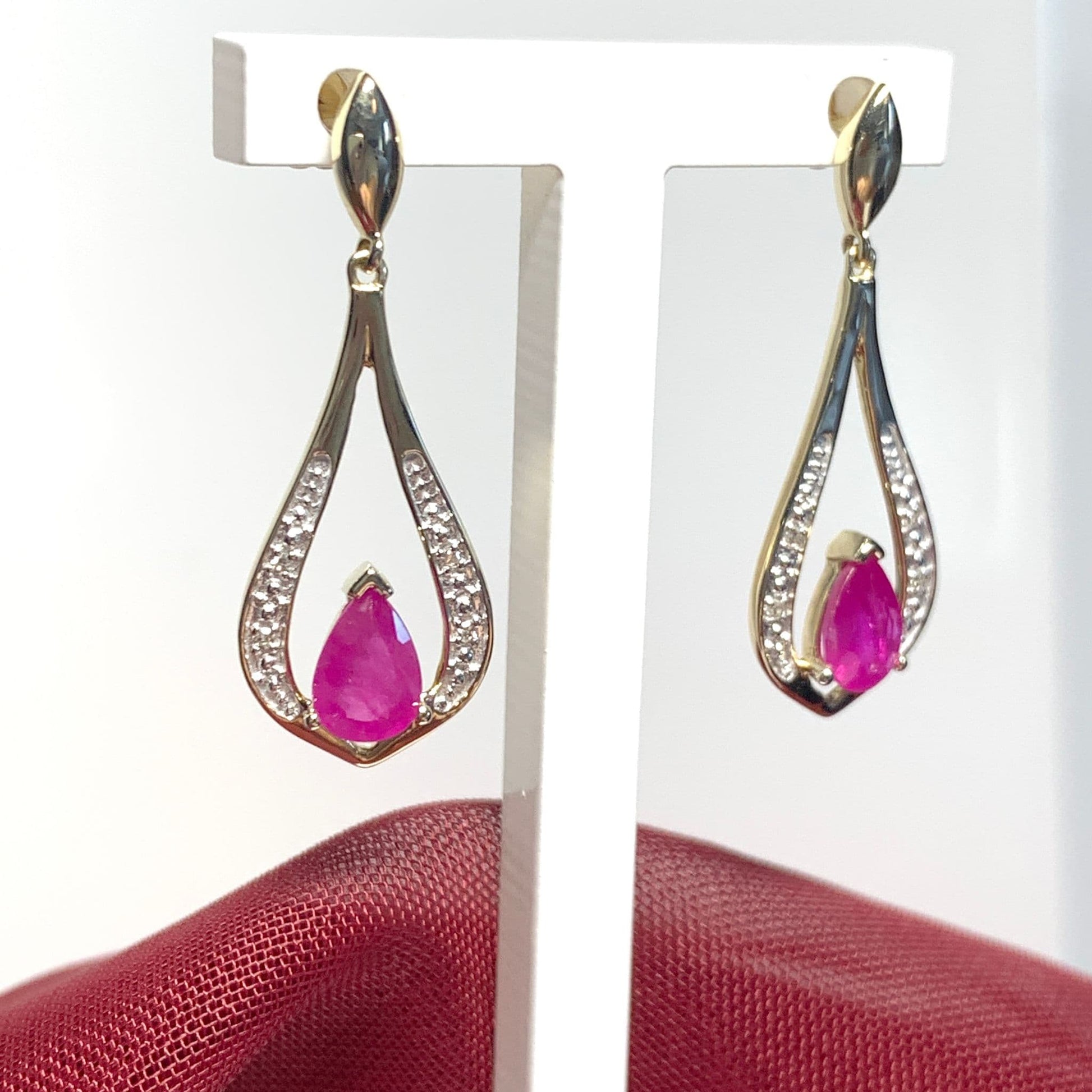 Teardrop Red Ruby And Diamond Earrings Yellow Gold