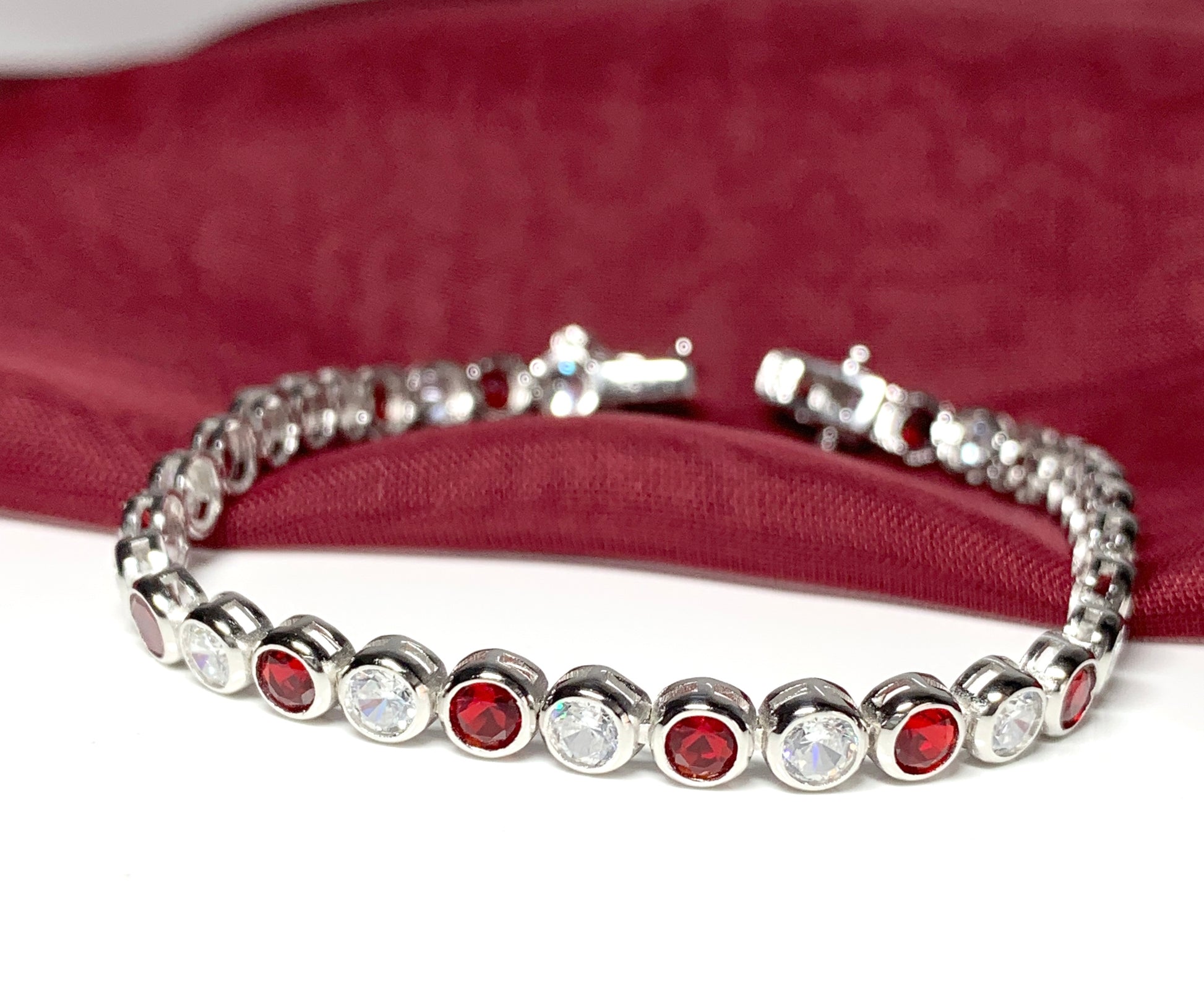 Tennis bracelet red and white sterling silver cubic zirconia stone set