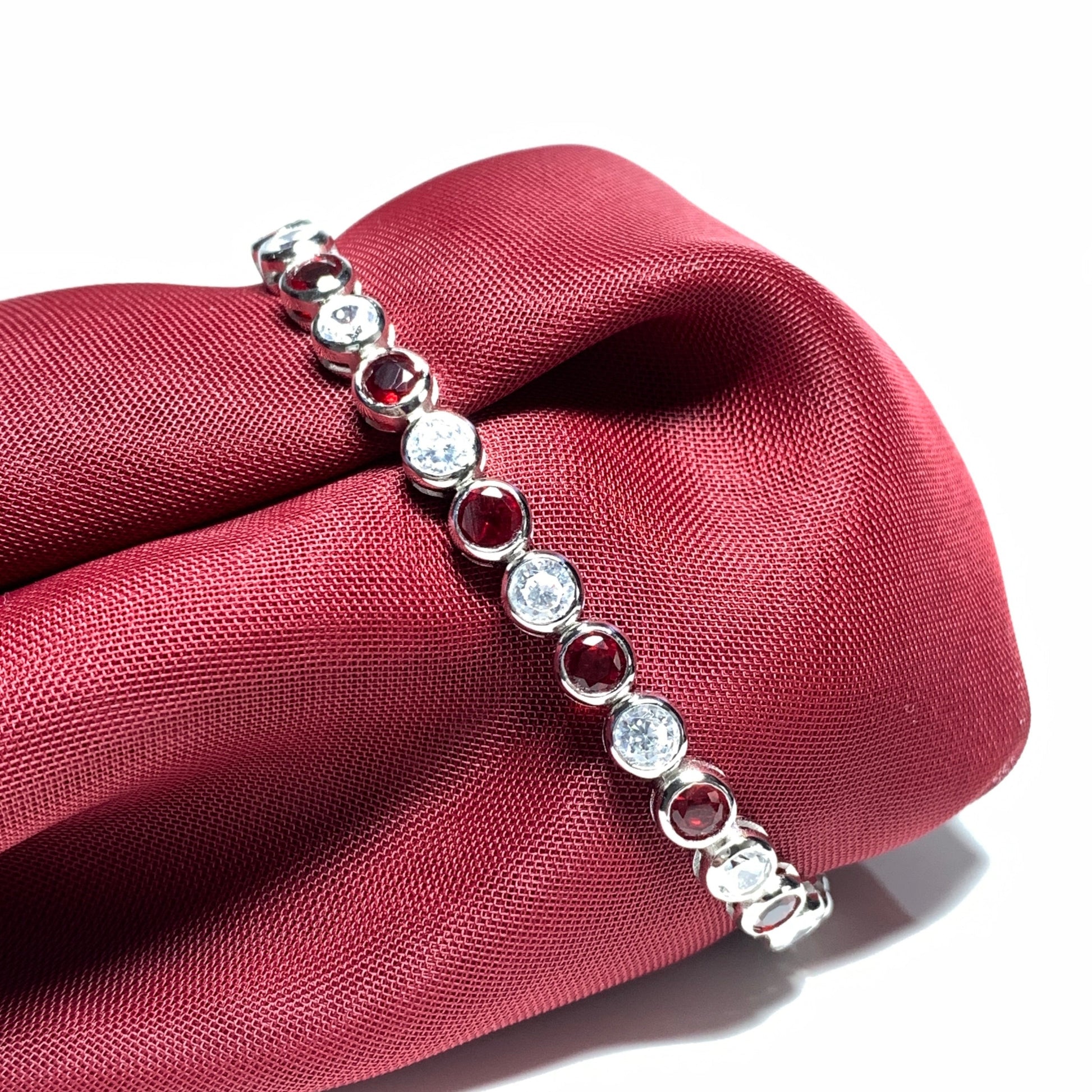 Tennis bracelet red and white sterling silver cubic zirconia stone set