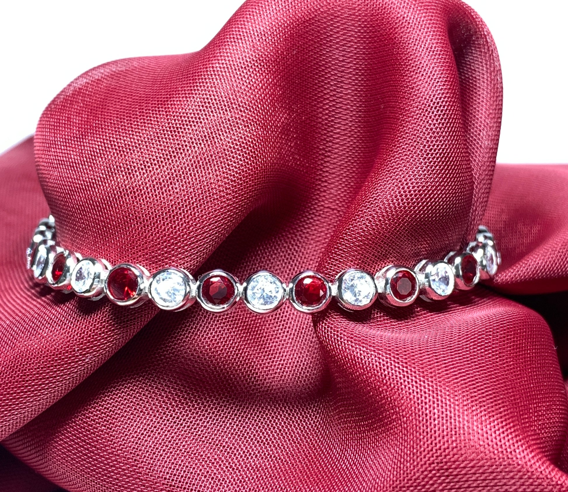 Tennis bracelet red and white sterling silver cubic zirconia stone set