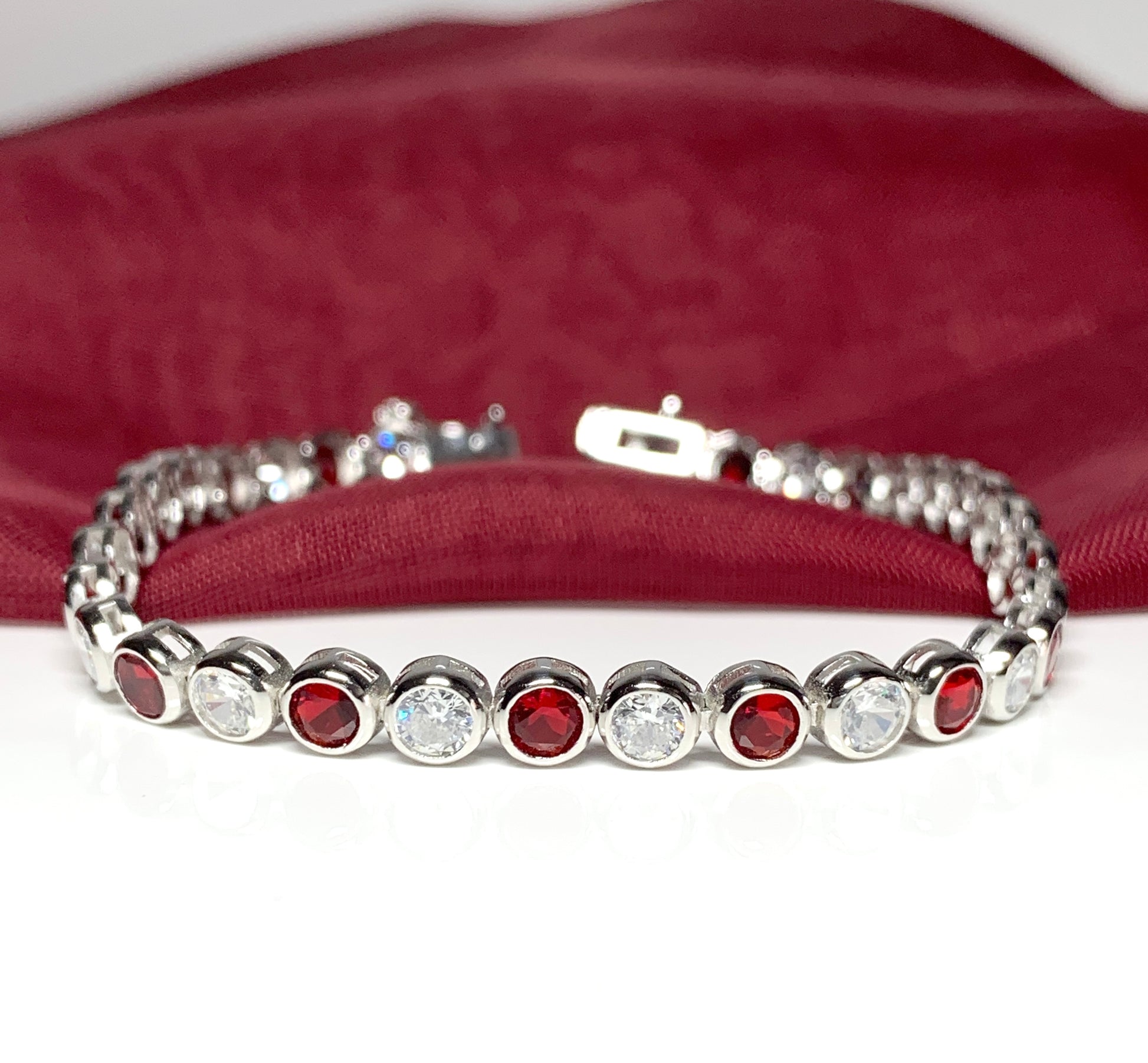 Tennis bracelet red and white sterling silver cubic zirconia stone set