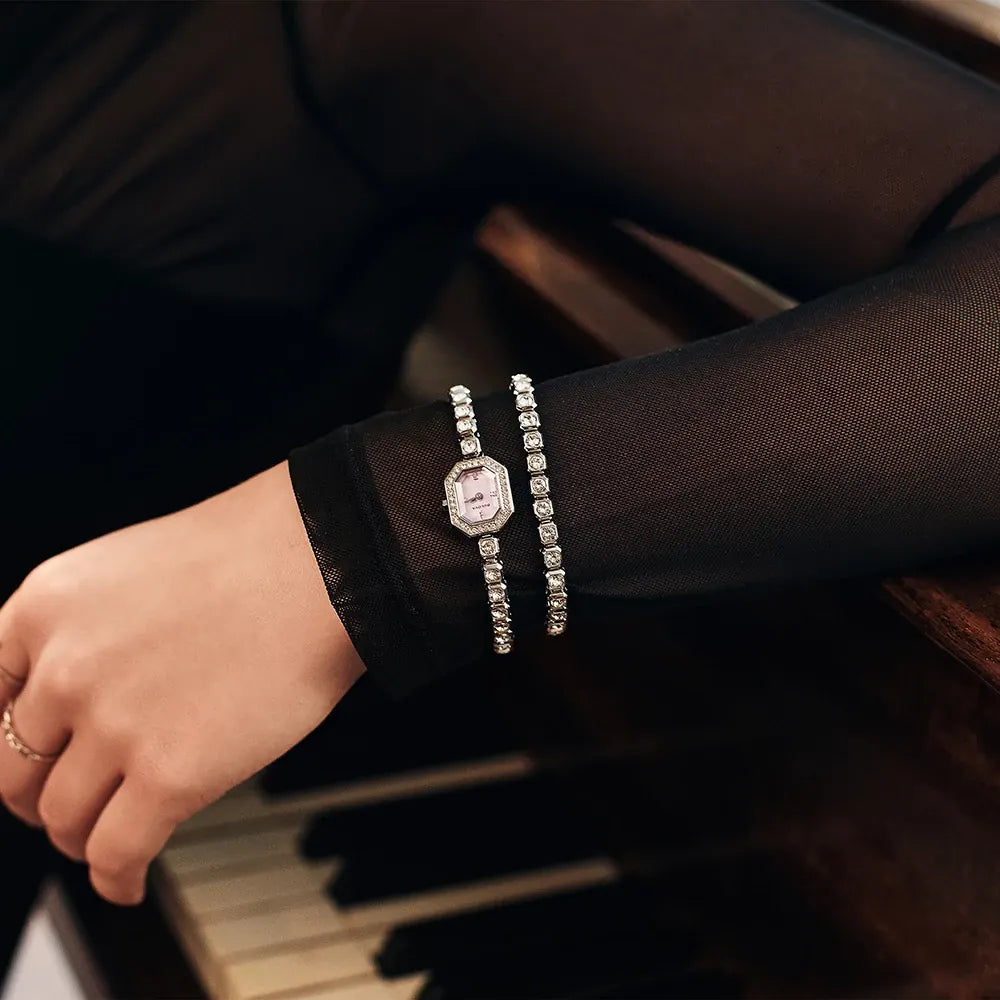 96X168 Bulova Bracelet Crystal Ladies Watch Stainless Steel Pink Dial Crystal Box Set With A Matching Bracelet
