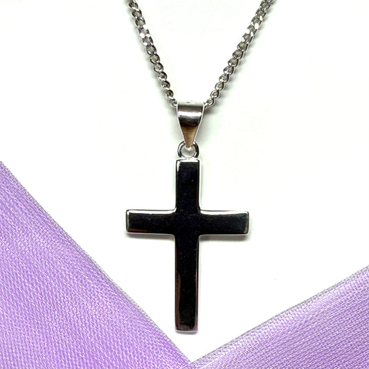 Thick cross solid plain polished sterling silver including chain