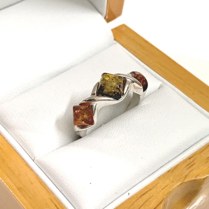 Three Stone Sterling Silver Amber Ring