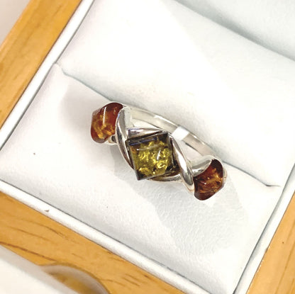 Three Stone Sterling Silver Amber Ring