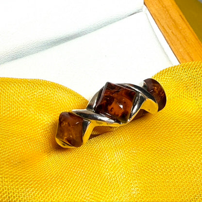 Three Stone Sterling Silver Amber Ring