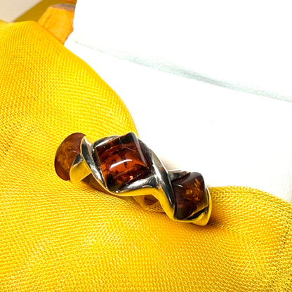 Three Stone Sterling Silver Amber Ring