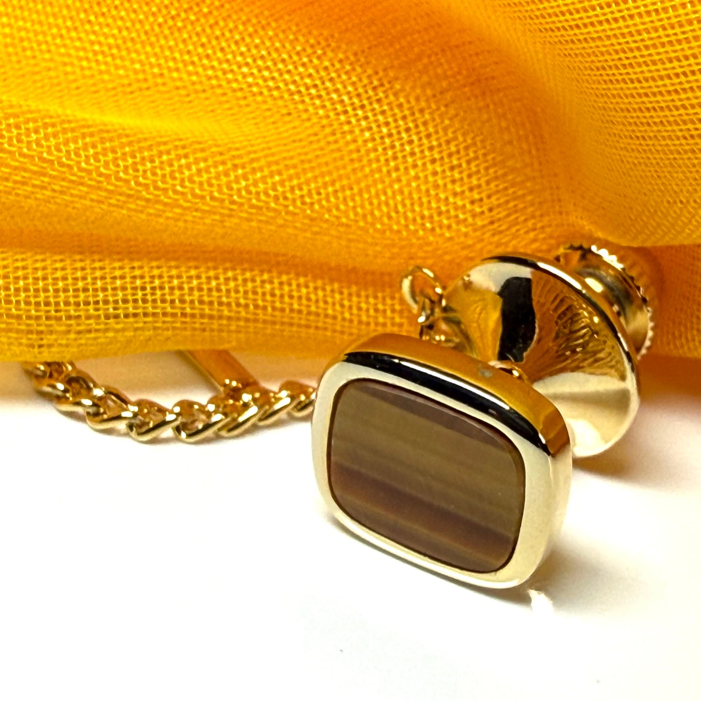 Tie Pin Gold Plated Cushion Shaped Tigers Eye Tie Tack