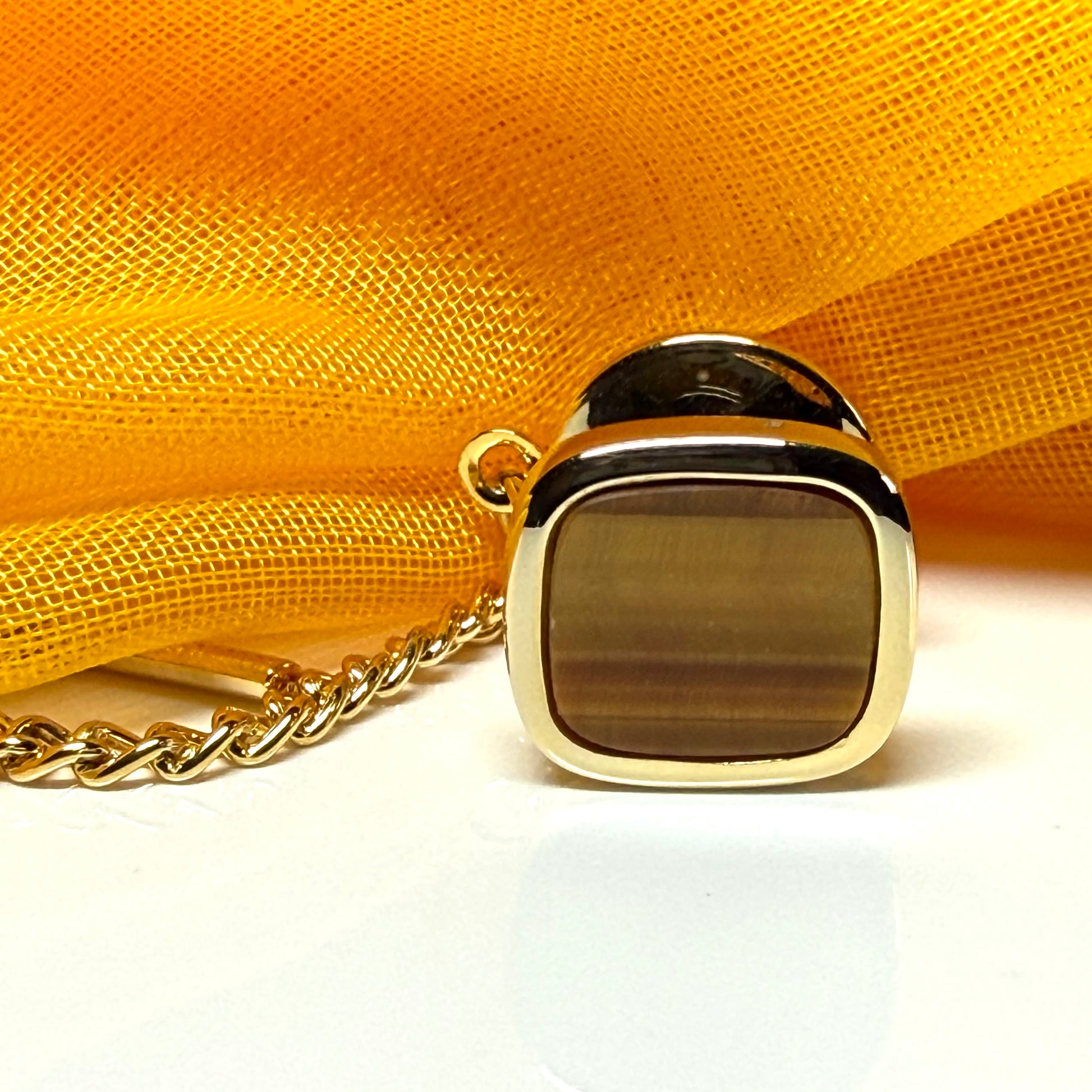 Tie Pin Gold Plated Cushion Shaped Tigers Eye Tie Tack