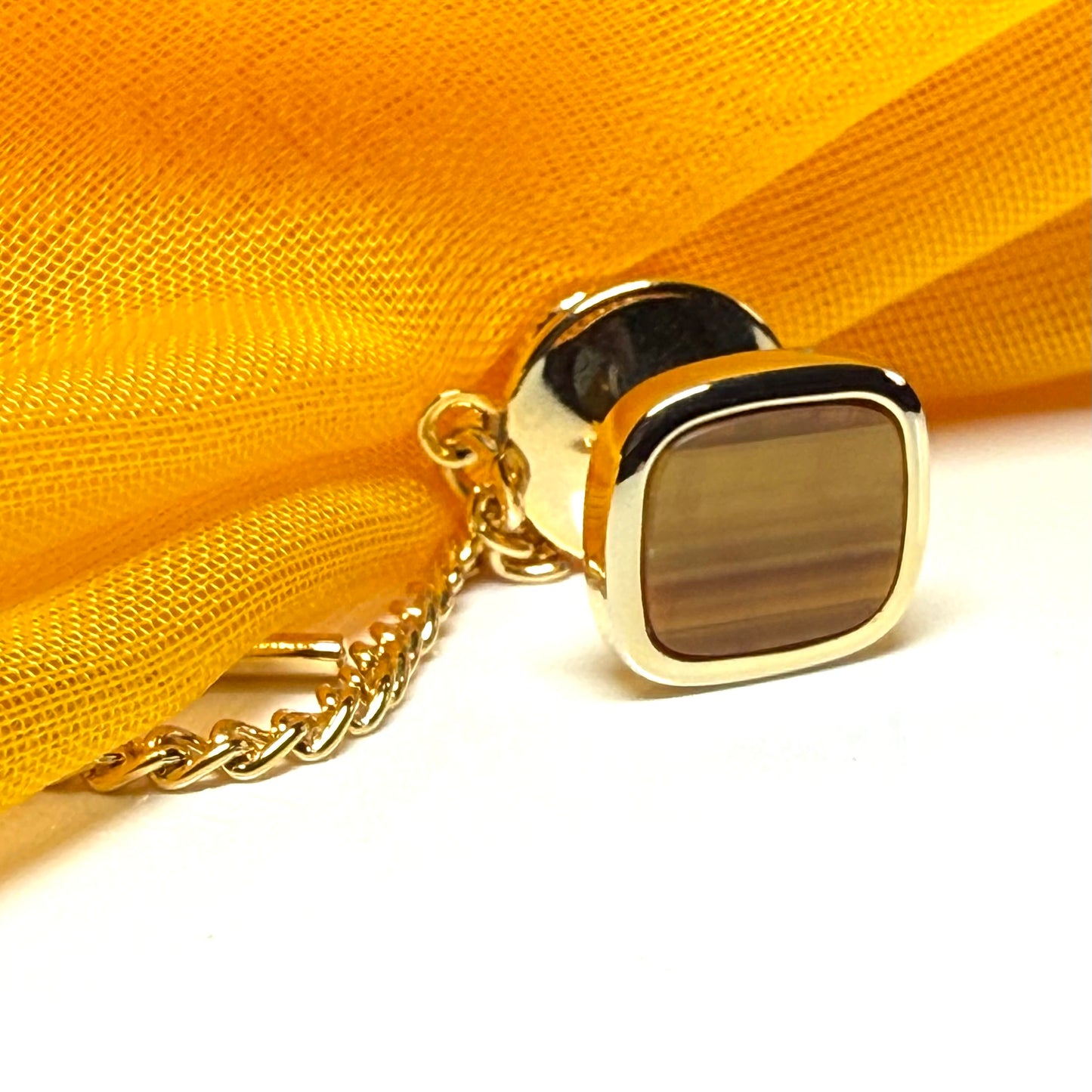 Tie Pin Gold Plated Cushion Shaped Tigers Eye Tie Tack
