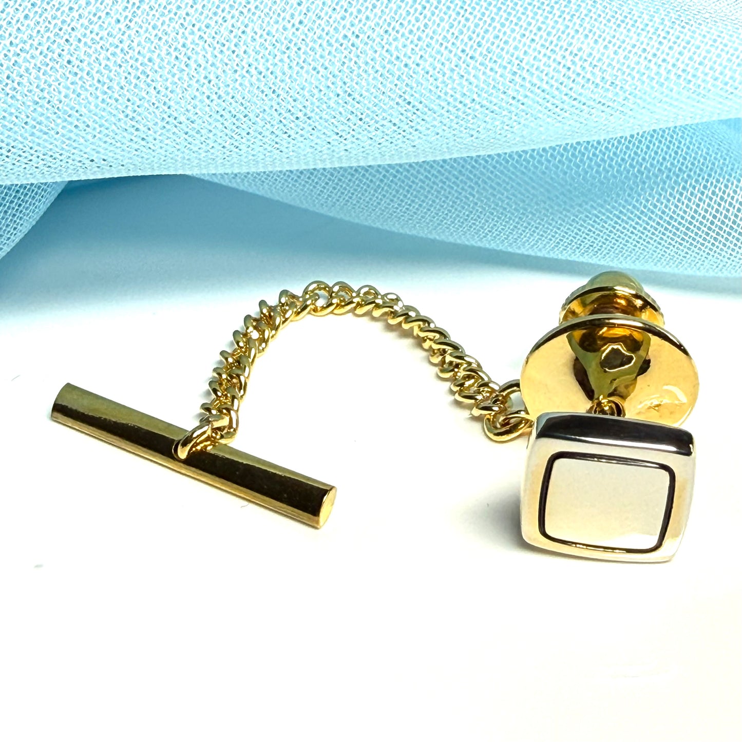 Tie Pin Gold Plated Square Polished With Black Line Detail Tie Tac