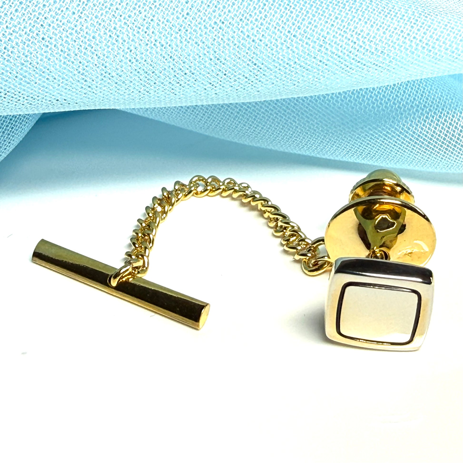 Tie Pin Gold Plated Square Polished With Black Line Detail Tie Tac