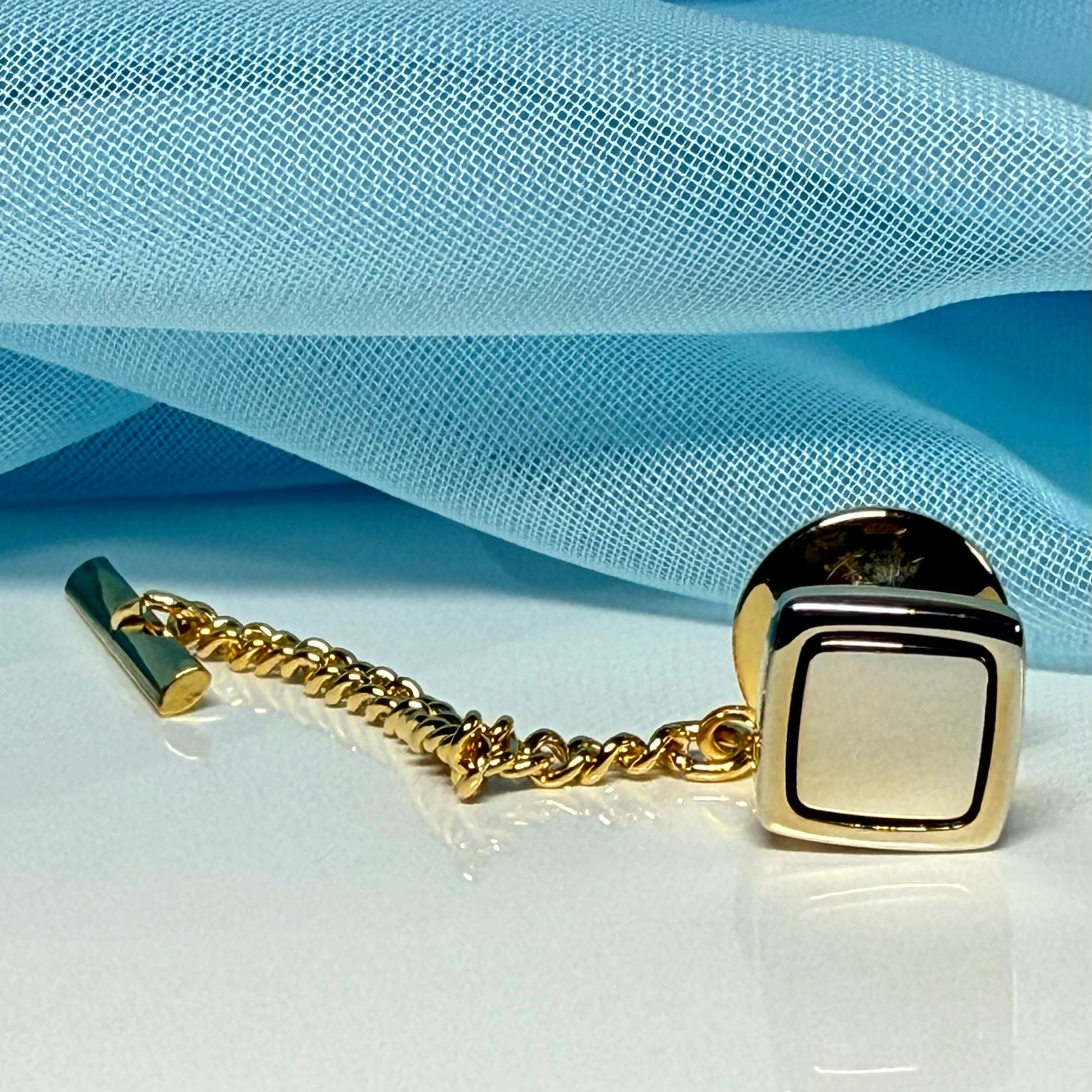 Tie Pin Gold Plated Square Polished With Black Line Detail Tie Tac