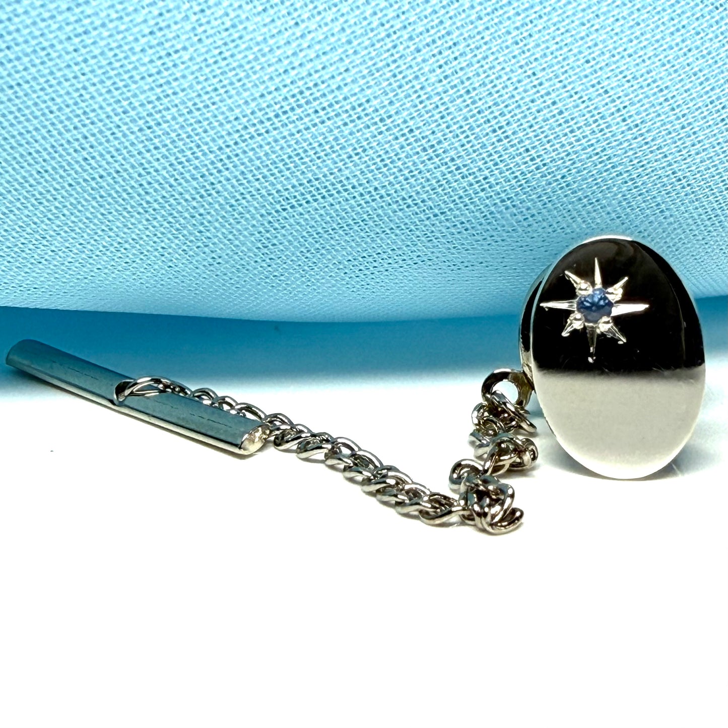 Tie Pin Sterling Silver Blue Sapphire Oval Tie Tac