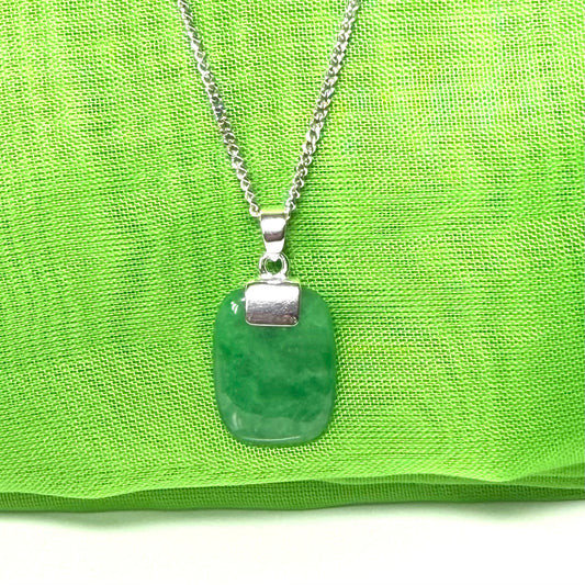 Timeless sterling silver cushion shape real green jade necklace pendant with a chain included