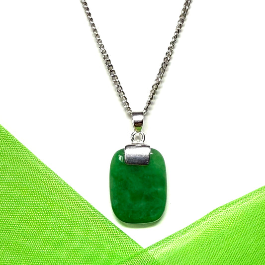 Timeless sterling silver cushion shape real green jade necklace pendant with a chain included