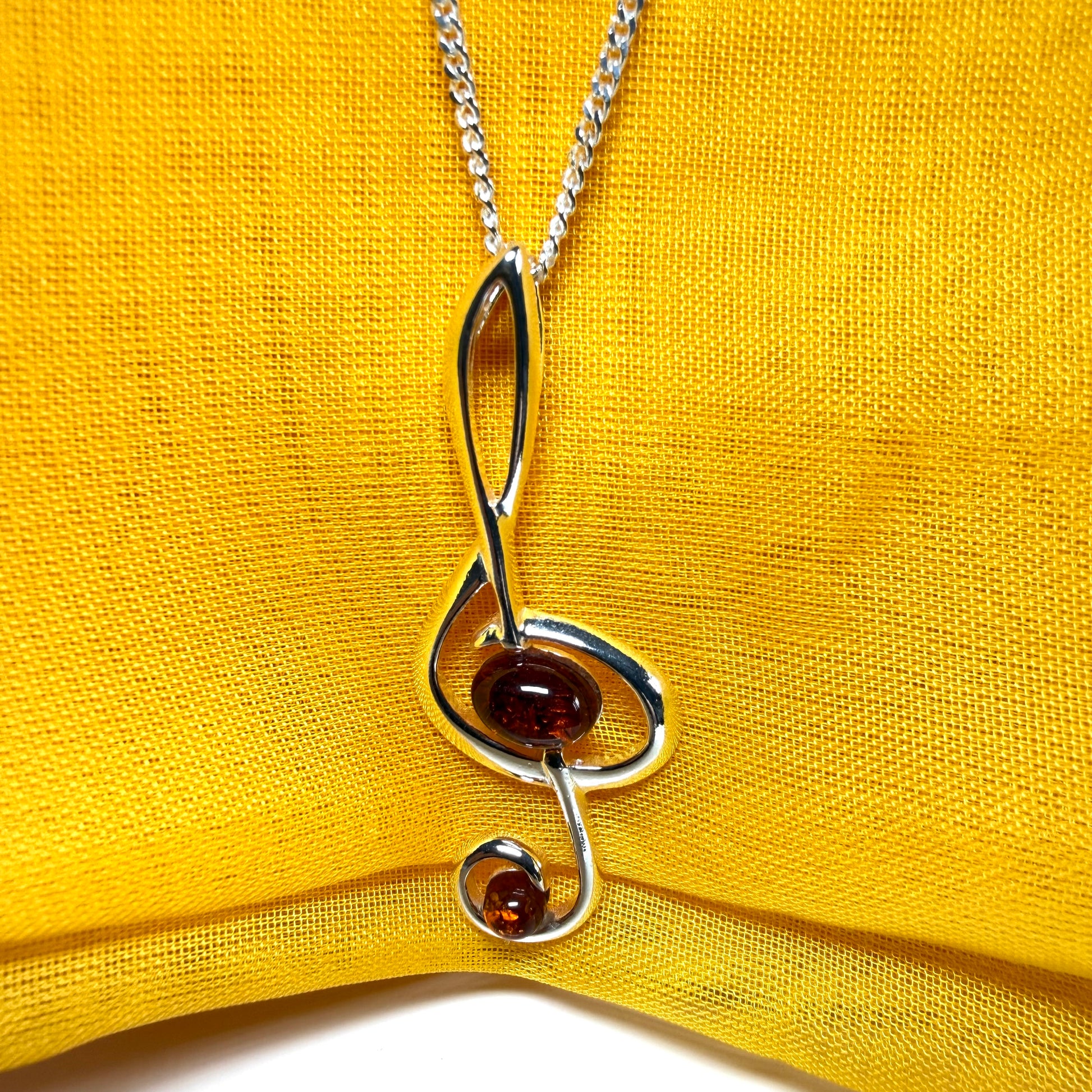 Treble clef necklace musical orange real amber sterling silver pendant