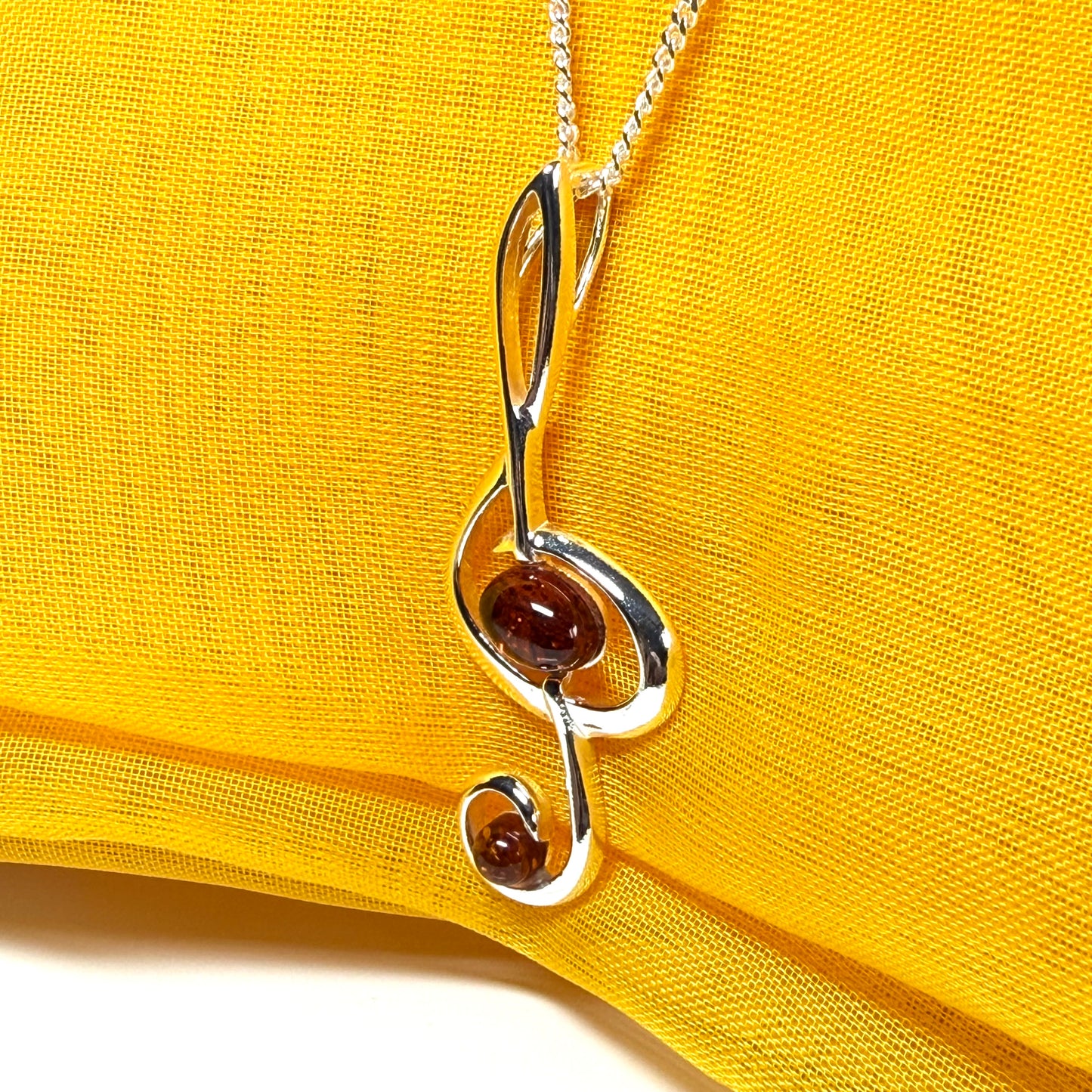 Treble clef necklace musical orange real amber sterling silver pendant
