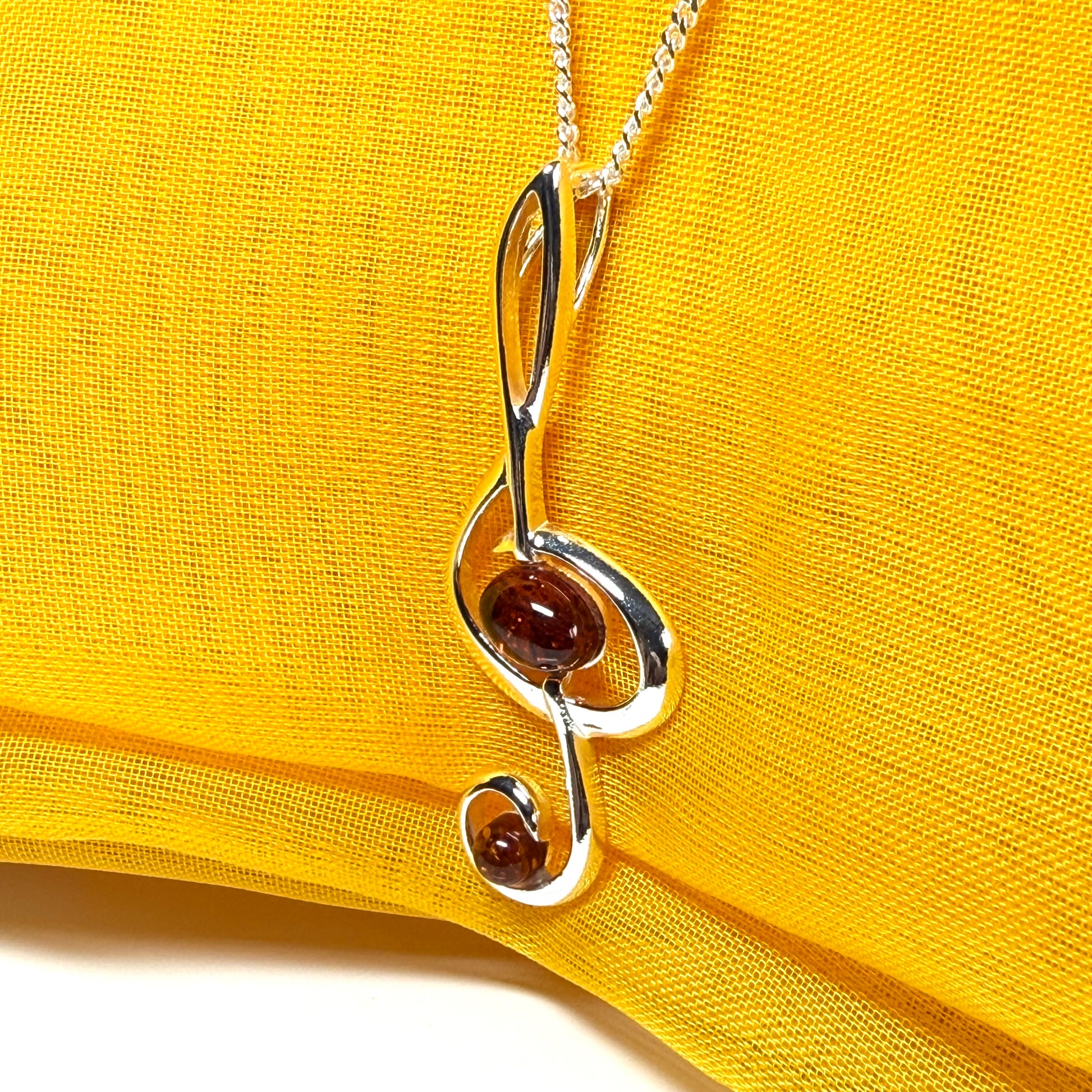Treble clef necklace musical orange real amber sterling silver pendant