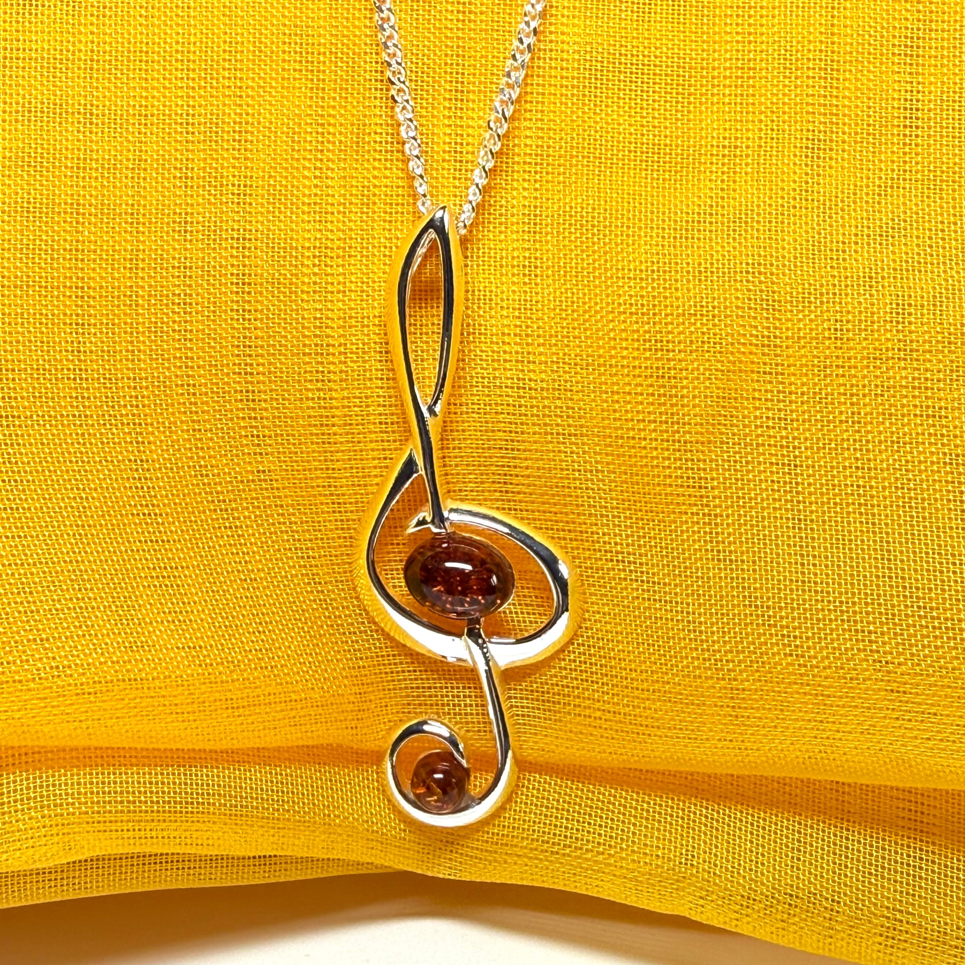 Treble clef necklace musical orange real amber sterling silver pendant