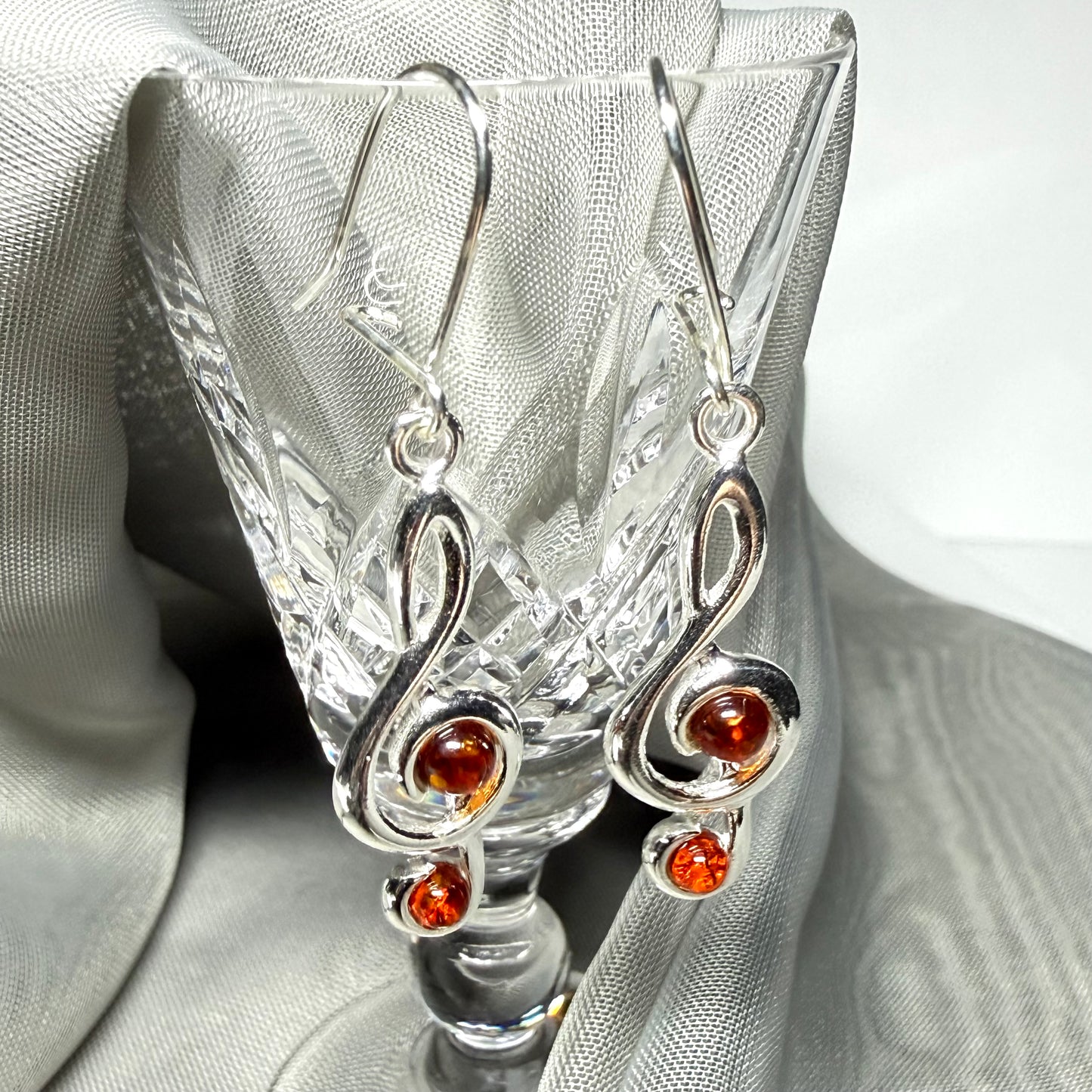 Treble clef real amber earrings drop sterling silver
